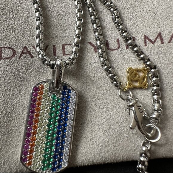 David Yurman Streamline Dog Tag Pendant Sterling Silver & Rainbow Gems L: 65cm - Picture 3 of 5